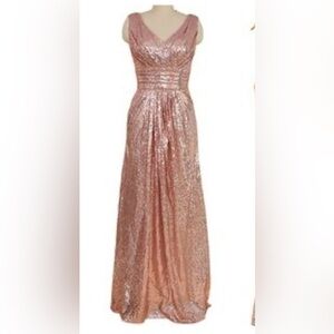 Formal Bridal Prom Long sequin Dress pink rose gold v neck sleeveless Size Large